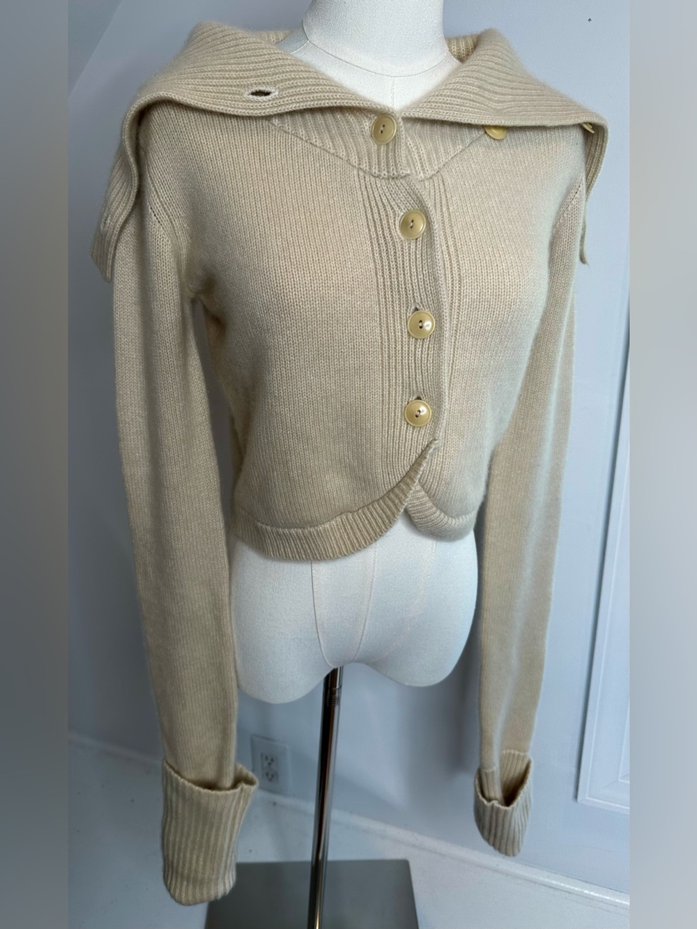 Alex Gaines 100% Cashmere Cream Cropped Cardigan Sweater Large